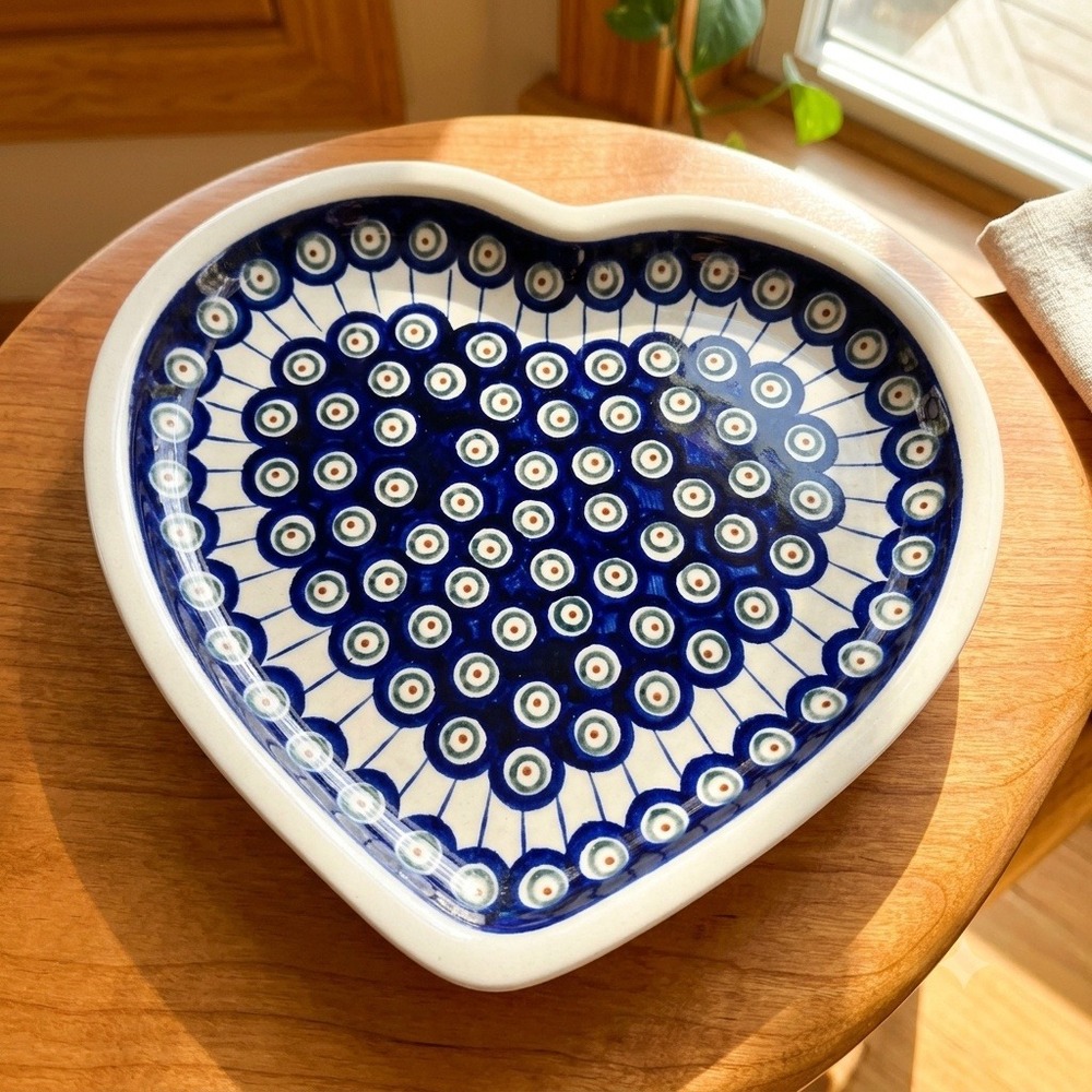 VTG Boleslawiec Polish Pottery Heart Baker Peacock Eye Blue White Cottagecore
